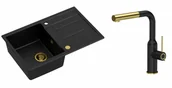 Zlewozmywaki z baterią - Quadron Zlewozmywak granitowy jednokomorowy 78*50*22 cm z ociekaczem MORGAN 111 PURE CARBON czarny ze złotym odpływem z baterią ANGELINA Q LINE PURE CARBON z wyciąganą wylewką kolor czarny mat/wykończenie złote - miniaturka - grafika 1