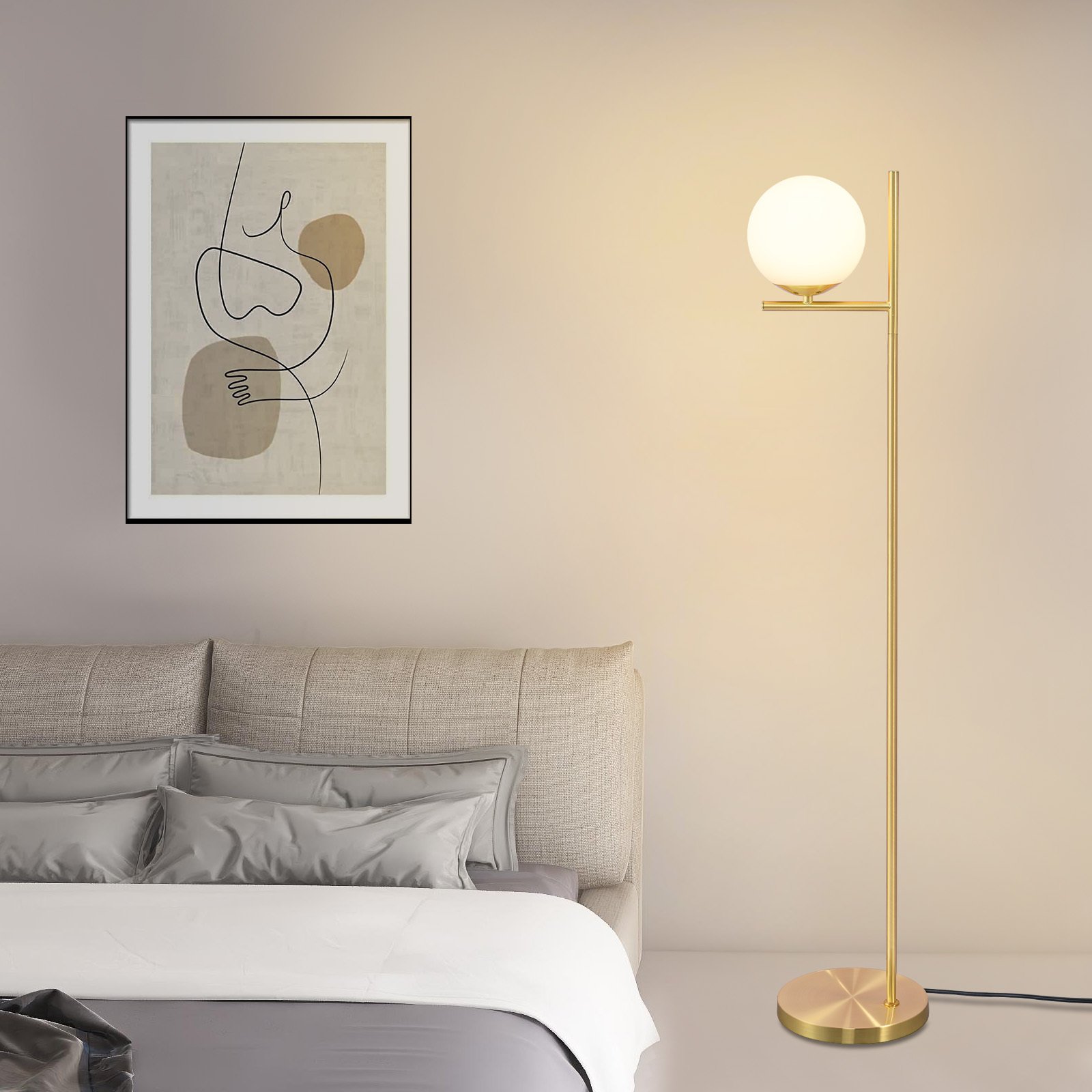 ZMH lampa podłogowa złota 1 płomienna nowoczesna lampa podłogowa E27 vintage lampa podłogowa z białymi szklanymi kloszami włącznik nożny metal do salonu sypialni biura
