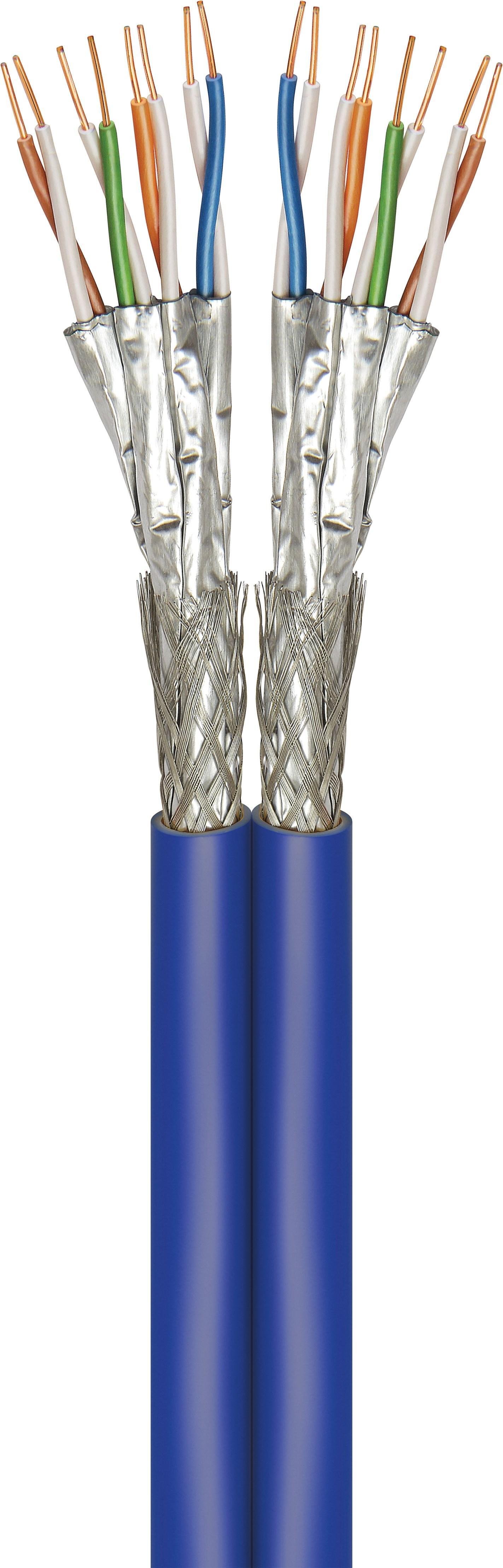 Goobay 91896 Kabel sieciowy CAT 7A+ duplex, S/FTP (PiMF), niebieski, 100 m - CU, AWG 22/1 (pełny), LSZH
