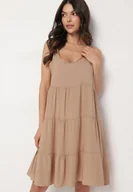 Sukienki - Beżowa Sukienka a Rozkloszowana Sukienka na Ramiączkach z Falbanami Criselles - miniaturka - grafika 1