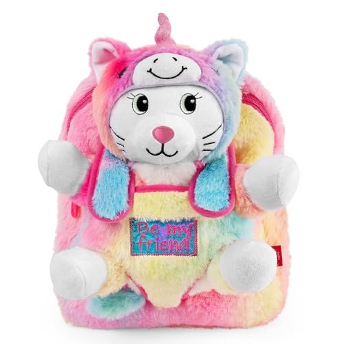 PERLETTI Kawaii plecak z jednorożcem dla dziewczynek 3, 4, 5, 6 lat, sportowy plecak z pluszowym kotem, zdejmowanym kotem, dziewczynką, dzieckiem, do przedszkola, miękka torba podróżna, wielokolorowy,