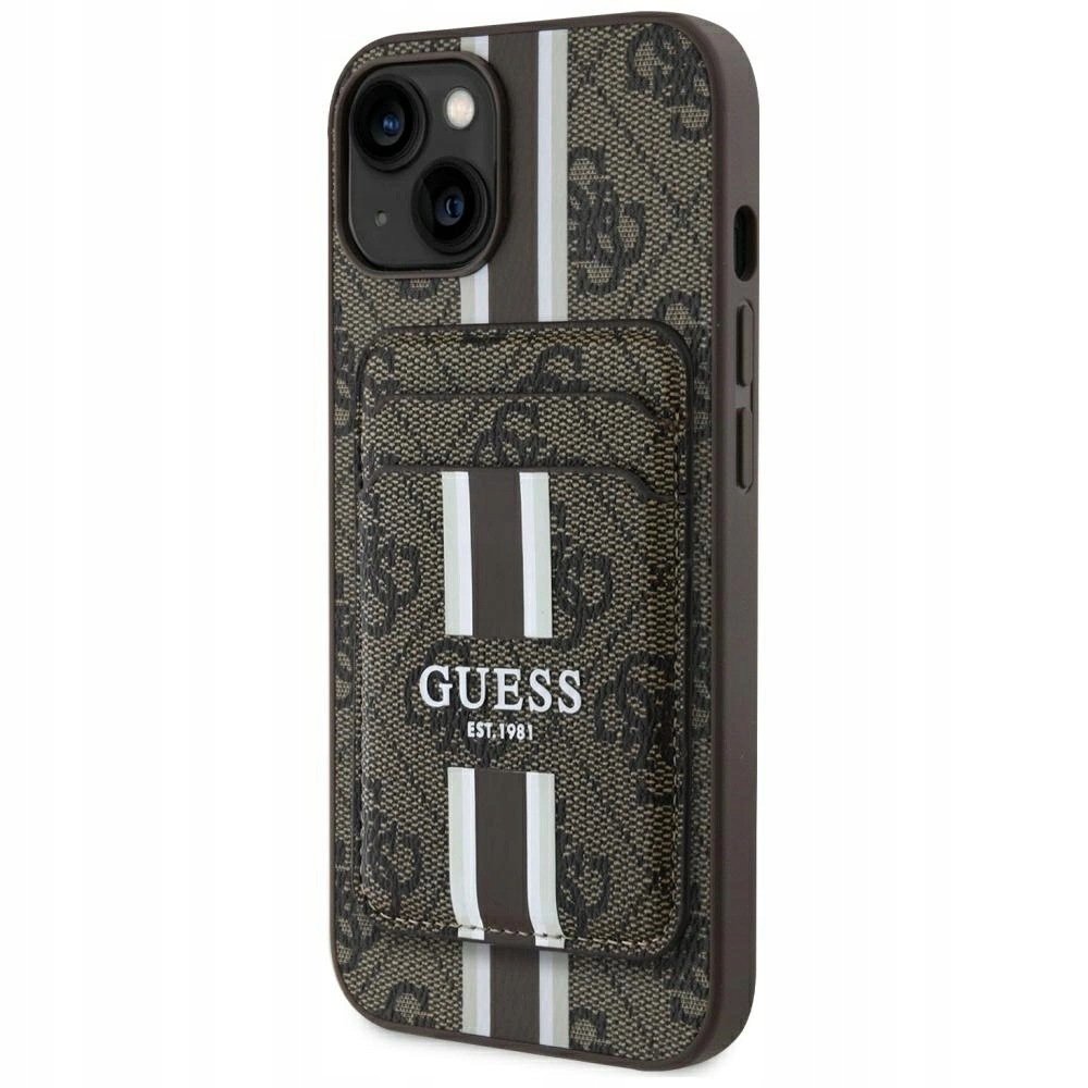 Etui Guess 4G Stripes z portfelem Magsafe do iPhone 15 brązowy