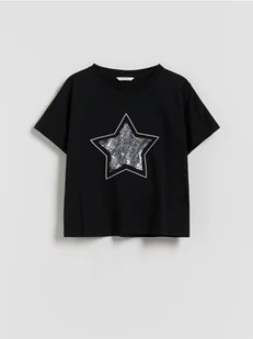 Reserved - T-shirt z cekinową aplikacją - czarny - Koszulki dla dziewczynek - miniaturka - grafika 1