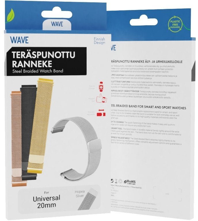 Wave steel braided strap 20mm, for smart and sports watches, silver