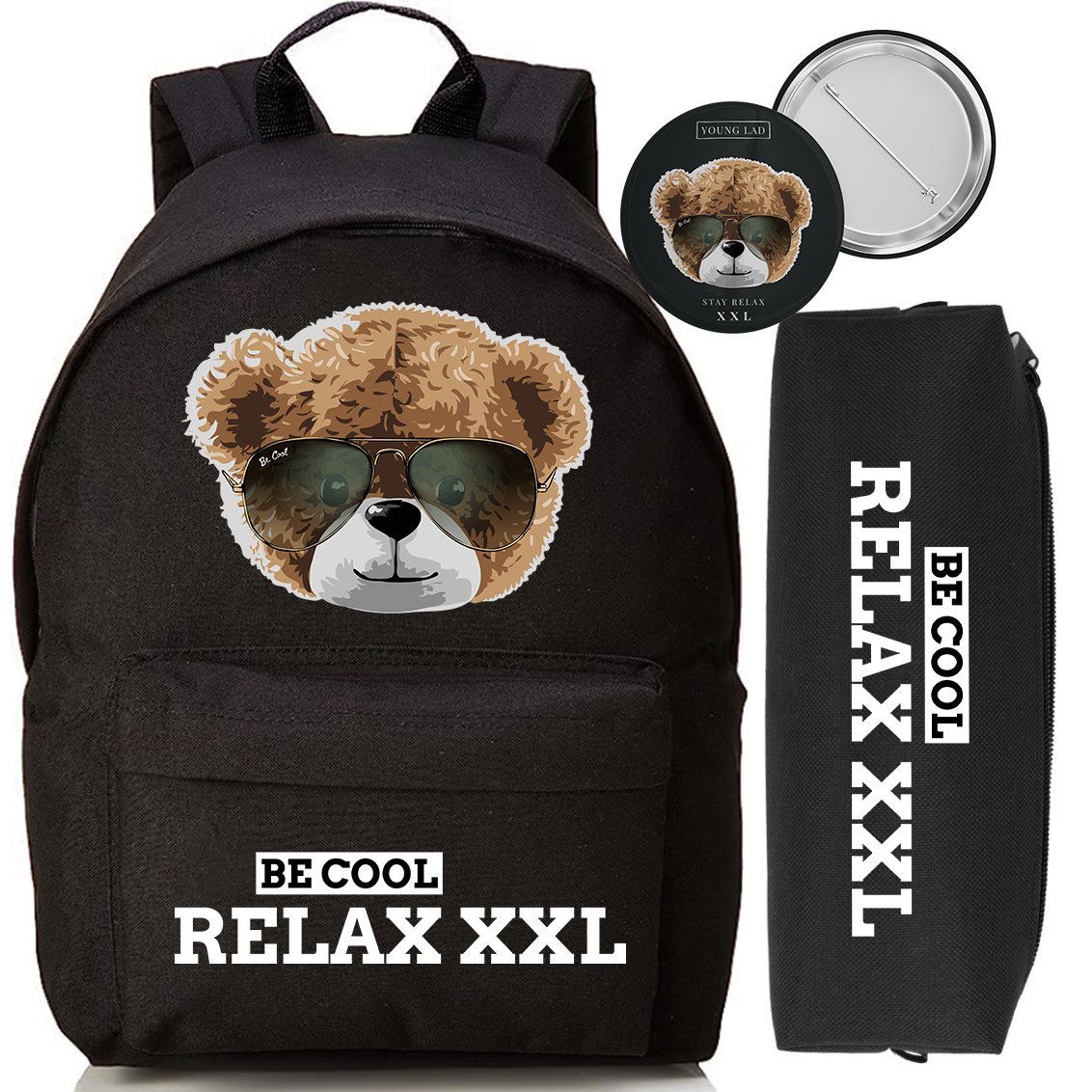 ZESTAW PLECAK CZARNY PIÓRNIK PRZYPINKA BE COOL RELAX MIŚ MŁODZIEŻOWY TRENDY