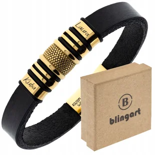 BLINGART Bransoletka męska skórzana pozłacane blaszki IMIONA GRAWER - Bransolety męskie - miniaturka - grafika 1