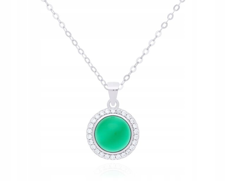 Naszyjnik Srebrny Damski Zielony Agat i Cyrkonie Okrągła Zawieszka pr.925