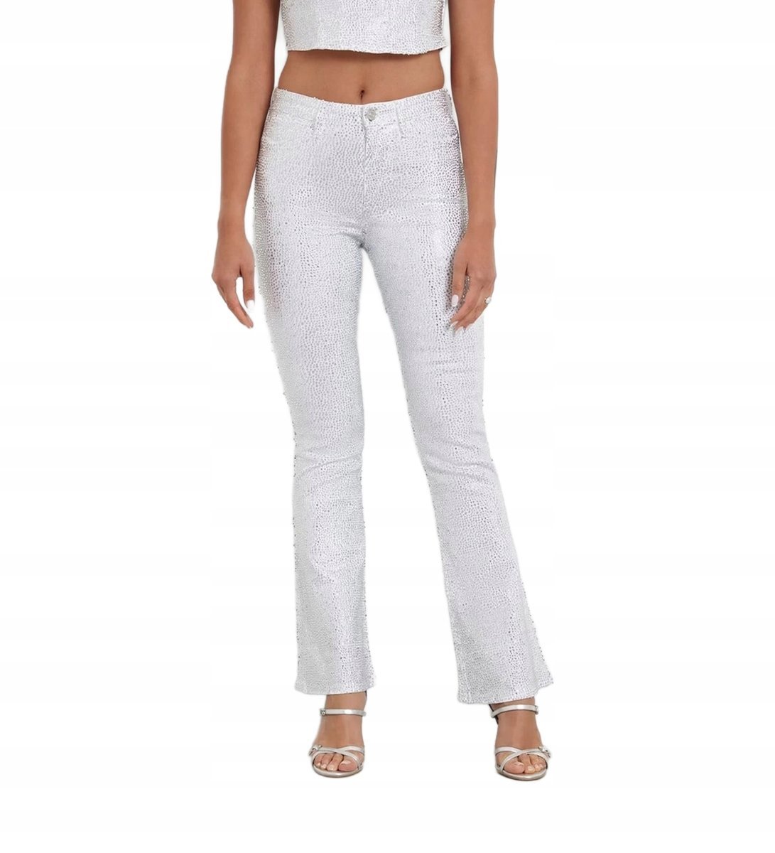 GUESS BIAŁE JEANSY DAMSKIE Z WYSOKIM STANEM I DŻETAMI DŁUGIE 28/32 G_A