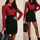 Sukienki - TEMU Elegancka Zimowa Sukienka Damska z Falbanką i Koronkowym Kołnierzem – Długi Rękaw, A-Line, Dopasowana, Okrągły Dekolt, Jednokolorowa (Bez Wzoru) - miniaturka - grafika 1