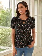 Bluzki damskie - Bluzka damska z bufiastymi rękawkami - Czarny - miniaturka - grafika 1