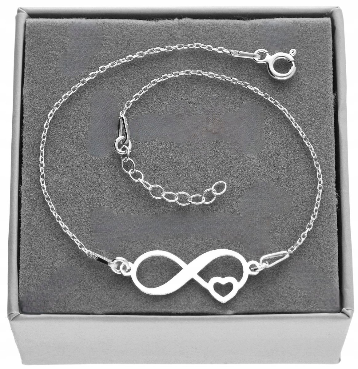 Srebrna bransoletka nieskończoność serce serduszko literka PUDEŁKO SREBRO