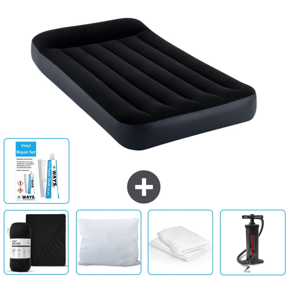 Dmuchane łóżko Intex - 1 osoba - 99 x 191 x 25 cm - Ciemnoniebieski - W zestawie Prześcieradło - Pocałunek - Pompka - Zestaw naprawczy en Ochraniacz na poduszkę