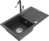 Zlewozmywaki z baterią - Mexen Pablo zlewozmywak granitowy 1-komorowy z ociekaczem i baterią kuchenną Flora, czarny nakrapiany - 6510-76-670401-07 - miniaturka - grafika 1