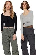 Bluzki damskie - Trendyol Women's czarno-szara bluzka z dzianiny, czarno-szara, rozmiar L - miniaturka - grafika 1