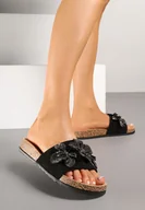 Klapki i japonki damskie - Czarne Klapki na Korkowej Podeszwie z Ozdobnymi Kwiatami z Cyrkoniami Liliene - miniaturka - grafika 1