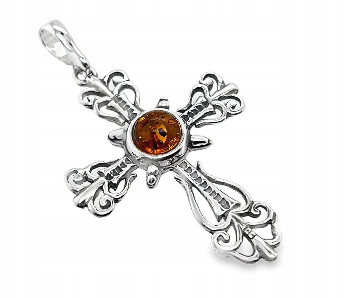 Wisiorek srebrny z bursztynem ZAWIESZKA ze srebra krzyżyk krzyż