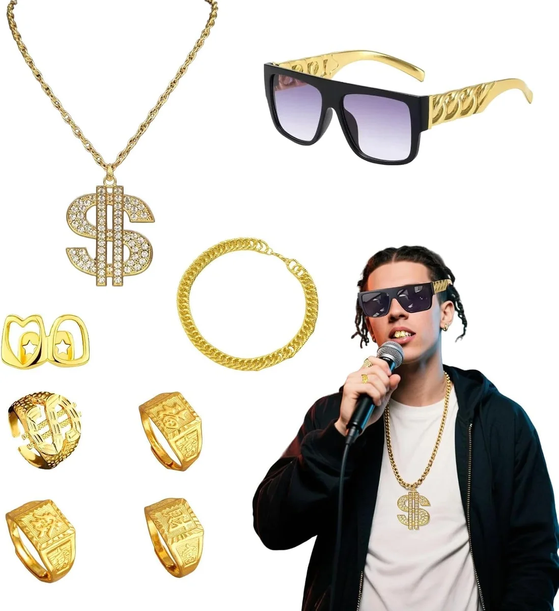 DISCO ZESTAW AKCESORIÓW 8 SZTUK HIP-HOP RAPERA STRÓJ DOROSŁY