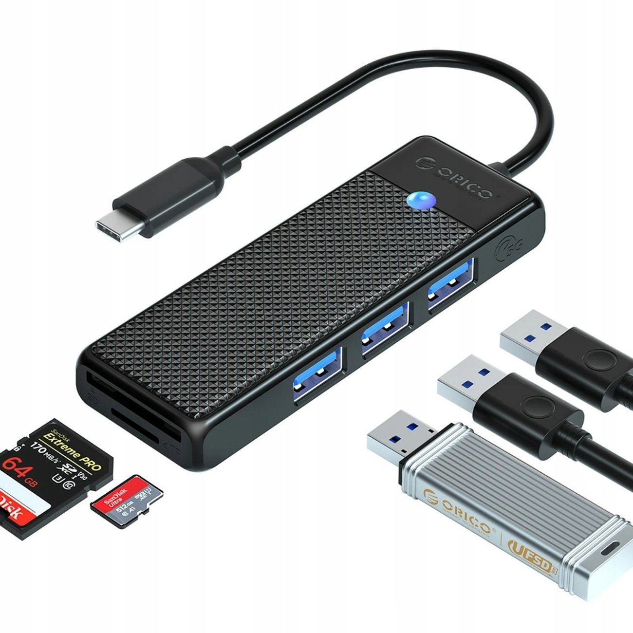 HUB USB Orico PAPW3AT-C3 4-portowy 3x USB-A 3.0 z czytnikiem kart microSD/SD 1 m - czarny 6941788869325