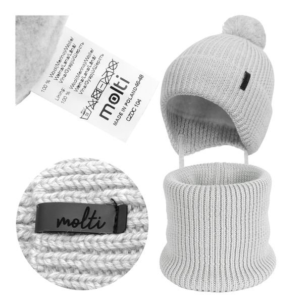 Czapka dziecięca ZIMOWA komin komplet WEŁNA MERINO ocieplana pompon 46-48