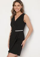 Sukienki - Czarna Sukienka Vices Dopasowana Asymetryczna z Błyszczącą Wstawką Tolivena - miniaturka - grafika 1