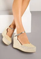 Sandały damskie - Złote Sandały na Koturnie w Typie Espadryli Ozdobione Plecionką Akiora - miniaturka - grafika 1