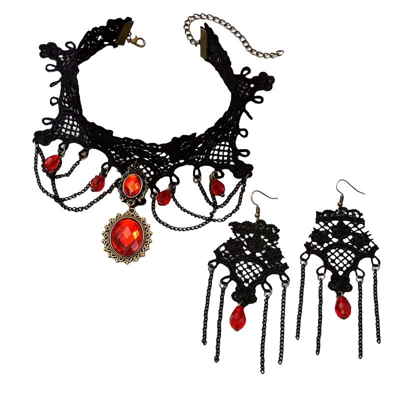 Zestaw Choker Naszyjnik i Kolczyki Koronka z Czerwonymi Kryształkami