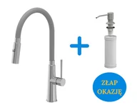 Baterie kuchenne - Quadron POP Bateria zlewozmywakowa stalowa GINA STEELQ z elastyczną szarą wylewką i funkcją prysznica plus dozownik okrągły do płynu KEIRA kolor silver stone - miniaturka - grafika 1