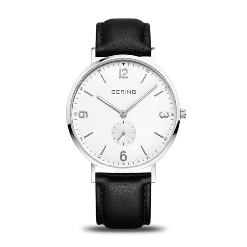 BERING Męski analogowy japoński mechanizm kwarcowy zegarek ze skórzanym paskiem 14040-404, czarny, Pasek