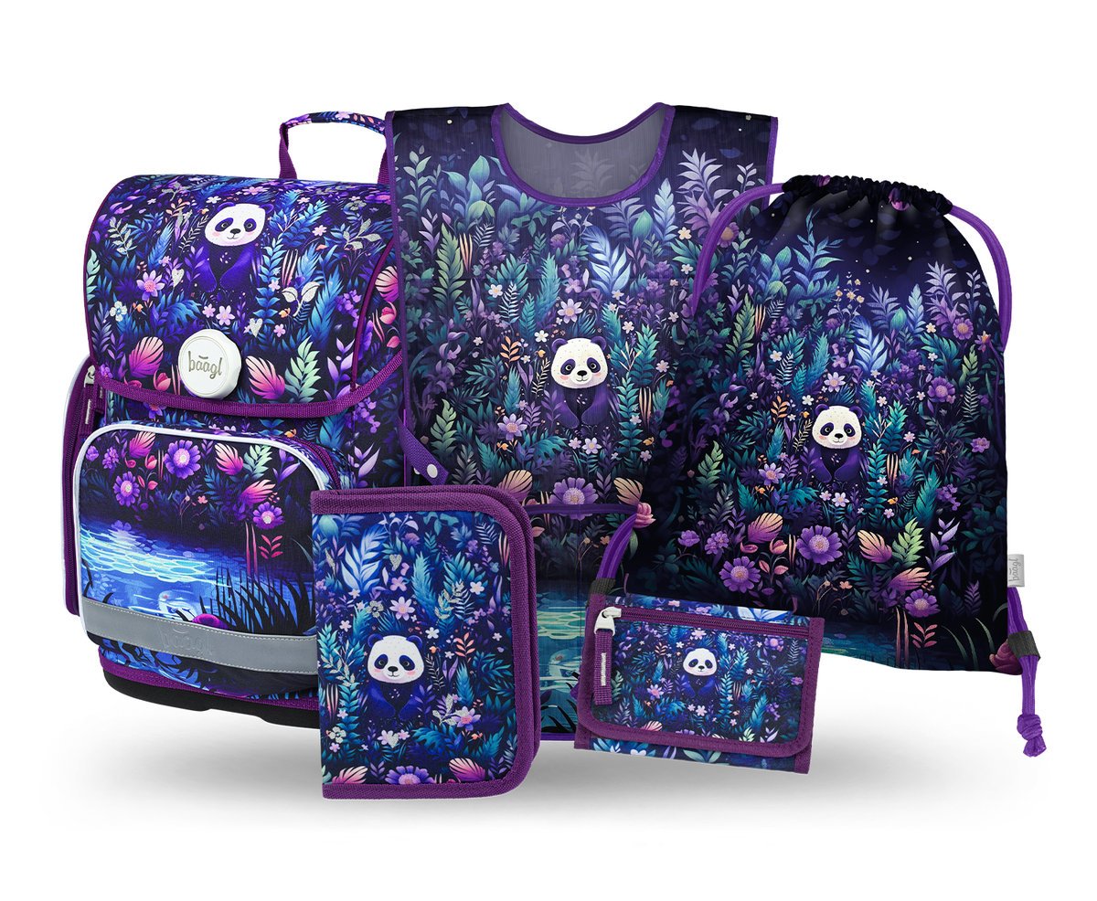 Zestaw Szkolny 5w1 BAAGL Tornister szkolny Ergo Panda Ergonomiczny 19L 27x39x17 cm Zielony dla dzieci + Piórnik, Worek na buty, Fartuszek, Portfel