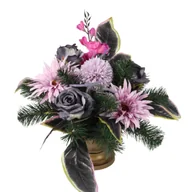 Sztuczne kwiaty - Stroik dekorowany w misie margaretki, gladiole, czosnek, róże - miniaturka - grafika 1