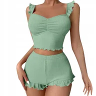 Piżamy damskie - PIŻAMA DAMSKA DWUCZĘŚCIOWA KOMPLET KOSZULKA NOCNA SZORTY WYGODNA SPODENKI KOLOR JASNY ZIELONY - miniaturka - grafika 1