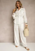 Komplety damskie - Biały Komplet z Wiskozą Spodnie o Szerokim Kroju i Koszula Ściągana w Talii Divanea - miniaturka - grafika 1