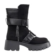 Botki damskie - Goodin Czarne zamszowe botki damskie z klamrami - miniaturka - grafika 1