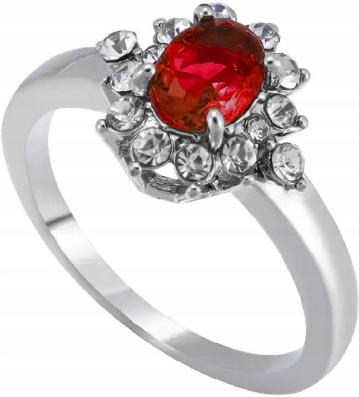 Srebrny Pierścionek z Rubinem i Cyrkoniami Stal Chirurgiczna