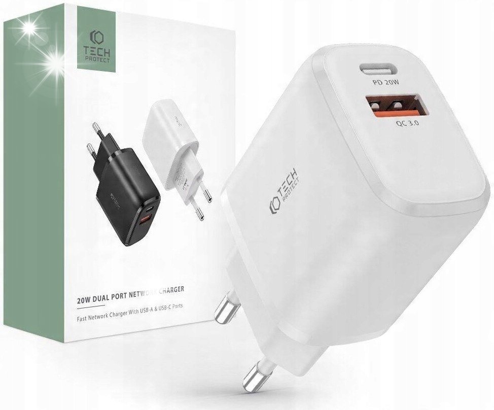 Uniwersalna ładowarka sieciowa Tech-Protect C20W 2x USB-C PD 20W QC3.0