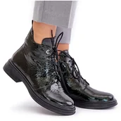 Botki damskie - S.Barski Skórzane Lakierowane Botki Damskie Ocieplane Na Zamek D&A LZ42-042 Ciemnozielone - miniaturka - grafika 1