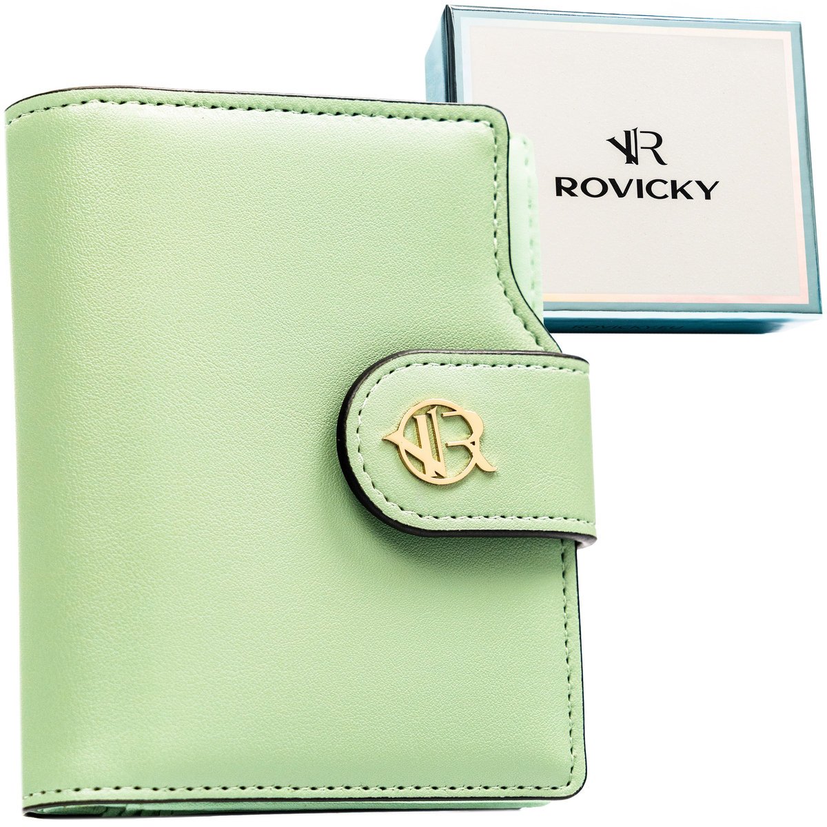 Portfel damski pionowy ROVICKY mały rozbudowany na karty ochrona RFID zatrzask i suwak zielony