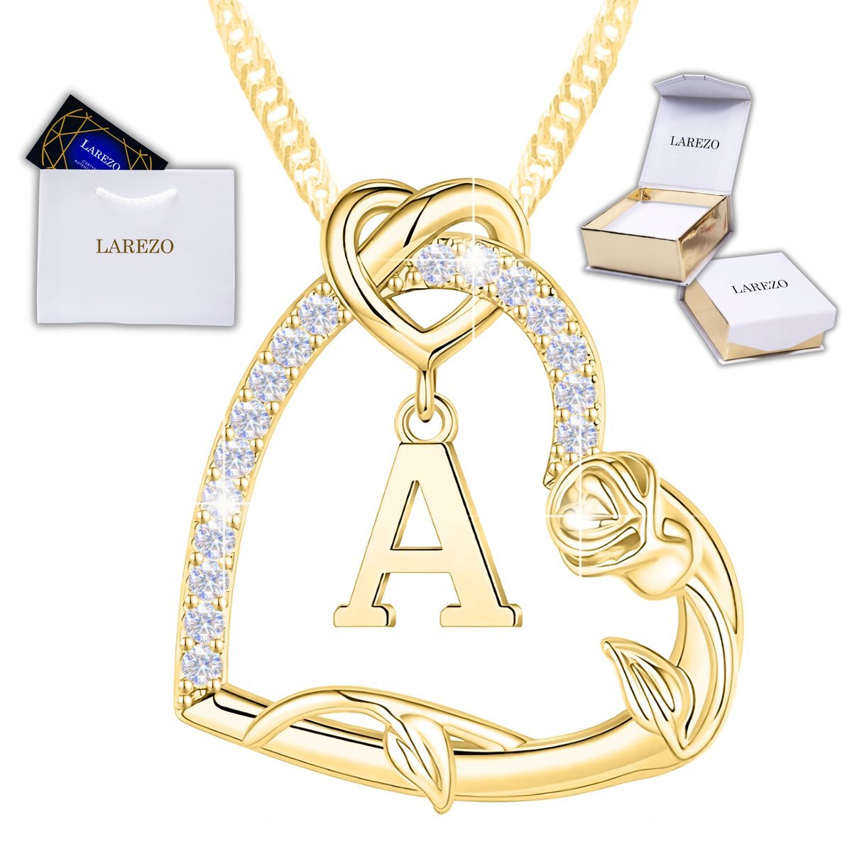 Złoty Naszyjnik Serce z Literką SREBRO Kwiatek Róża Litera A POZŁACANY 585