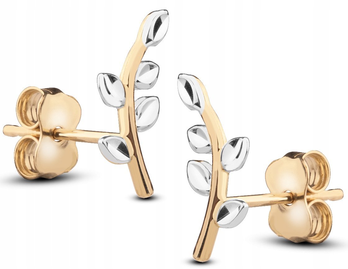 PIĘKNE ZŁOTE KOLCZYKI GAŁĄZKI Z DIAMENTOWANYMI LISTKAMI 14KT 585