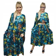 Sukienki - Długa sukienka jedwab kwiaty falbana luźna wyjątkowa turkus 50 52 5XL - miniaturka - grafika 1
