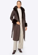 Płaszcze damskie - Płaszcz damski z kołnierzem i mankietami ze sztucznego futra brązowy - miniaturka - grafika 1