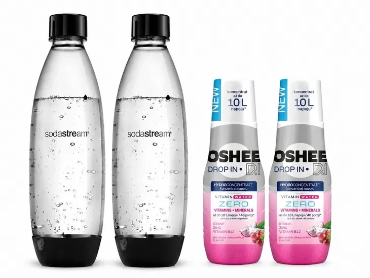 SYROP koncentrat Oshee x2 + BUTELKI DO SATURATORA SodaStream Fuse 1L x2szt