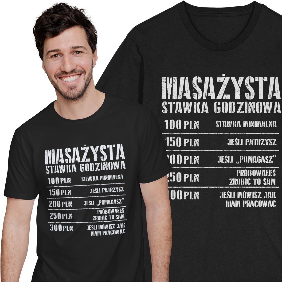 Czarna Koszulka dla Masażysty Stawka Godzinowa Prezent Urodzinowy