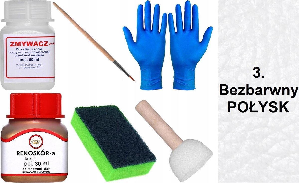 BEZBARWNY POŁYSK 3 Renoskór ZESTAW DO RENOWACJI SKÓRY LICOWEJ Farba Zmywacz
