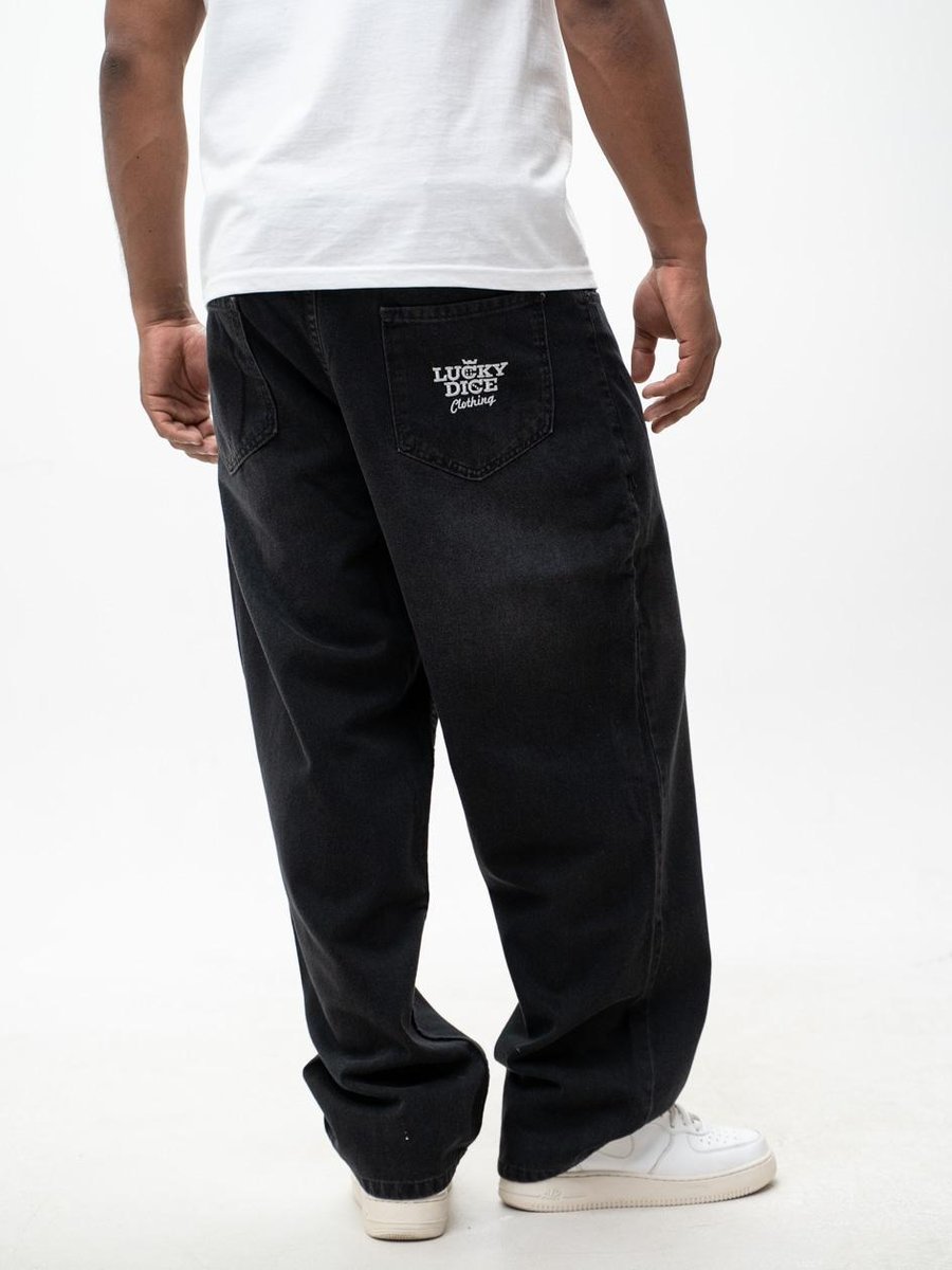 SZEROKIE Spodnie Jeansowe BAGGY Męskie Czarne STYLOWE HAFTY Lucky Dice XL