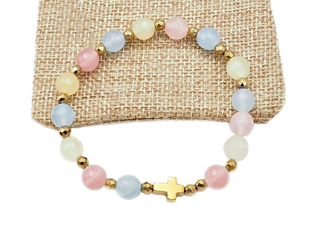 Bransoletka różaniec na rękę jadeit morganitowy fasetowany