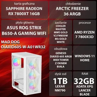 Komputer MAD DOG DIAXID605-W-A01WR32 R7-7800X3D 32GB RAM 1TB SSD Radeon RX7800XT Wi-Fi Windows 11 Home - Zestawy komputerowe - miniaturka - grafika 1