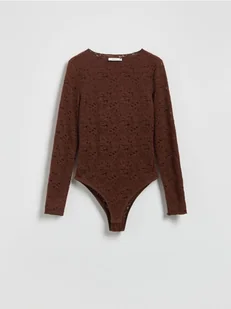 Reserved - Koronkowe body z długimi rękawami - ciemnobrązowy - Body - miniaturka - grafika 1