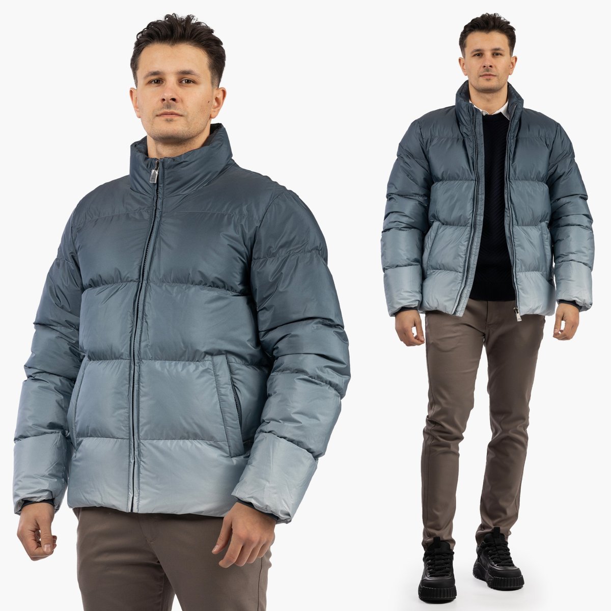 Kurtka Zimowa Męska Bez Kaptura Puchowa Pikowana Ciepła Niebiesko-Szara S Szary