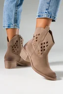 Botki damskie - Beżowe botki skórzane damskie kowbojki ażurowe PRODUKT POLSKI Casu 093R - miniaturka - grafika 1